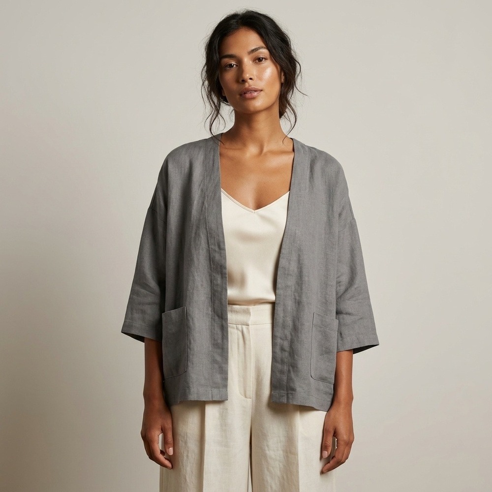 FILOSOFIA Women Gray‎ 100% Linen Kimono Cardigan Open Front Jacket Made in USA S